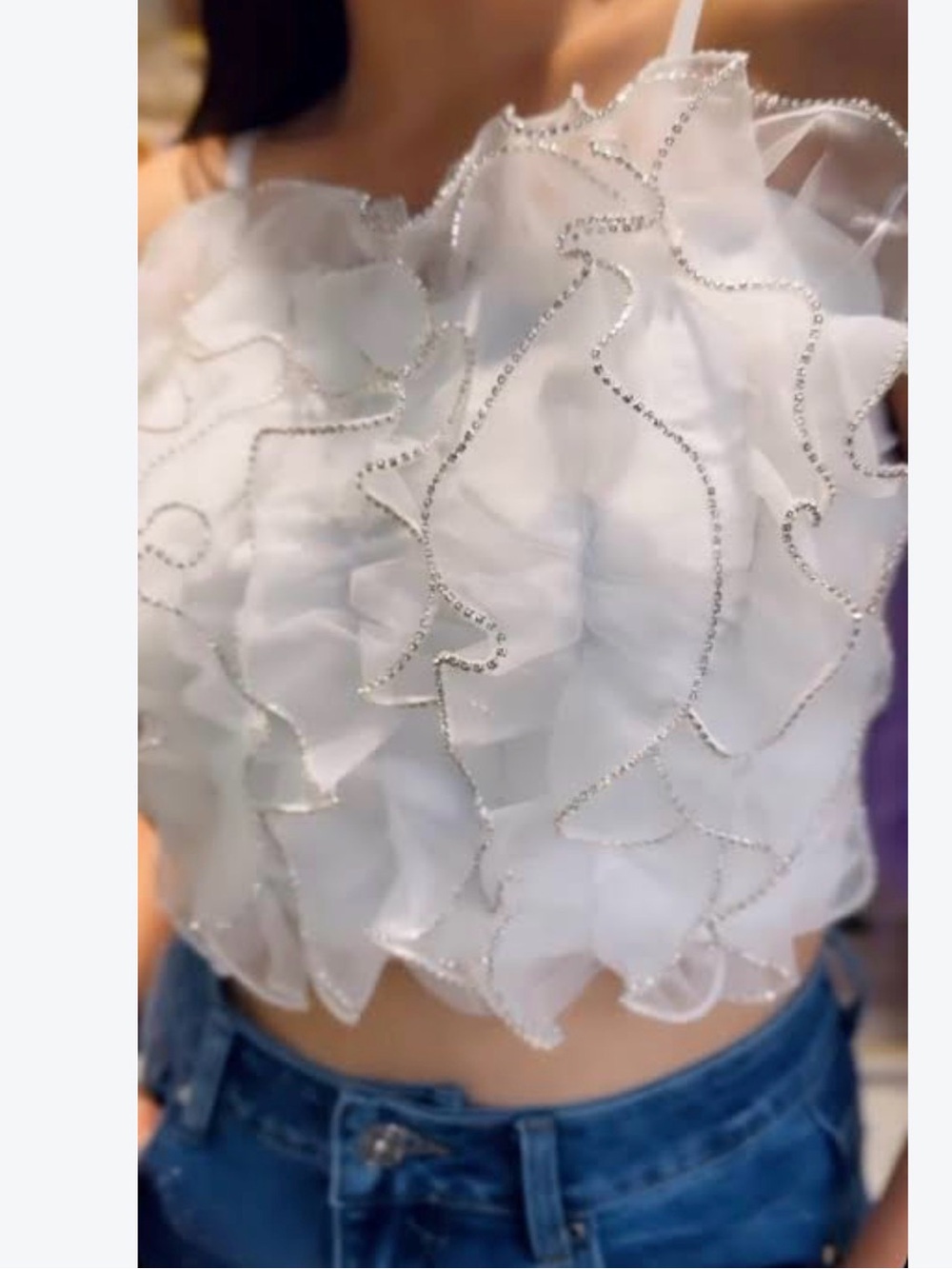 Steps NY Ruffled Organza Crop Top with Rhinestone Trim - White